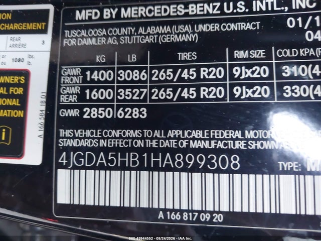 45944552 :رقم المزاد ، 4JGDA5HB1HA899308 vin ، 2017 Mercedes-benz Gle 350 4matic مزاد بيع