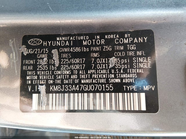 Aukcja sprzedaży 2016 Hyundai Tucson Se, vin: KM8J33A47GU070155, numer aukcji: 45944553