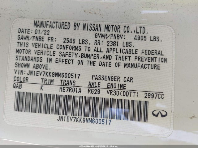45944558 :رقم المزاد ، JN1EV7KK9NM600517 vin ، 2022 Infiniti Q60 Luxe مزاد بيع