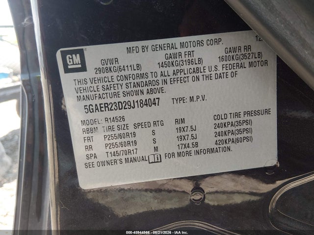 Aukcja sprzedaży 2009 Buick Enclave Cxl, vin: 5GAER23D29J184047, numer aukcji: 45944566