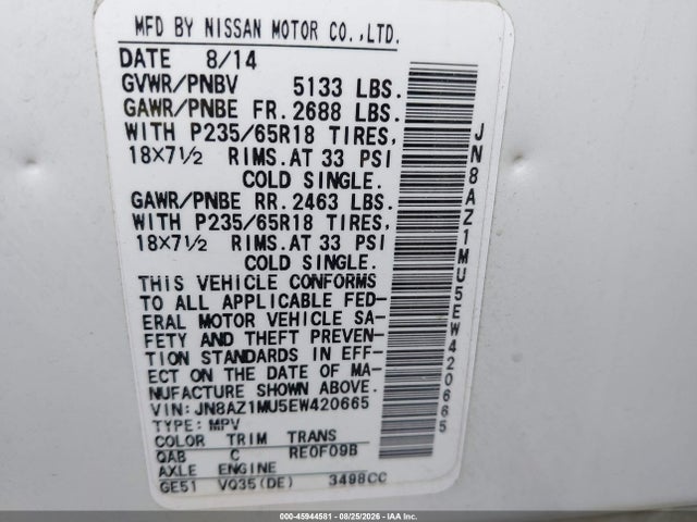 Продажа на аукционе авто 2014 Nissan Murano Sl, vin: JN8AZ1MU5EW420665, номер лота: 45944581