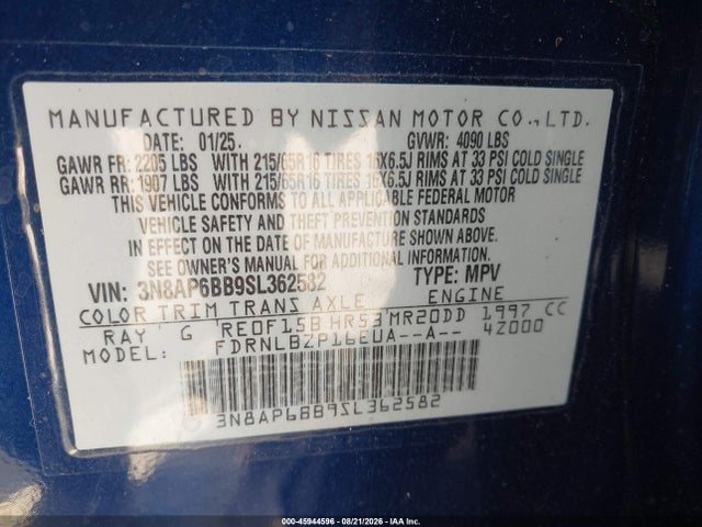45944596 :رقم المزاد ، 3N8AP6BB9SL362582 vin ، 2025 Nissan Kicks S Intelligent Awd مزاد بيع