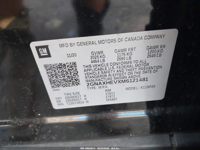 45944614 :رقم المزاد ، 2GNAXHEVXM6121481 vin ، 2021 Chevrolet Equinox Fwd Ls مزاد بيع