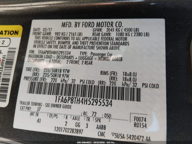 Aukcja sprzedaży 2017 Ford Mustang Ecoboost, vin: 1FA6P8TH4H5295534, numer aukcji: 45944622