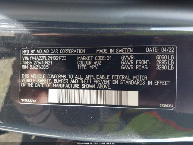 2022 Volvo Xc90 T6 Inscription 7 Passenger მანქანა იყიდება აუქციონზე, vin: YV4A22PL2N1861723, აუქციონის ნომერი: 45944631