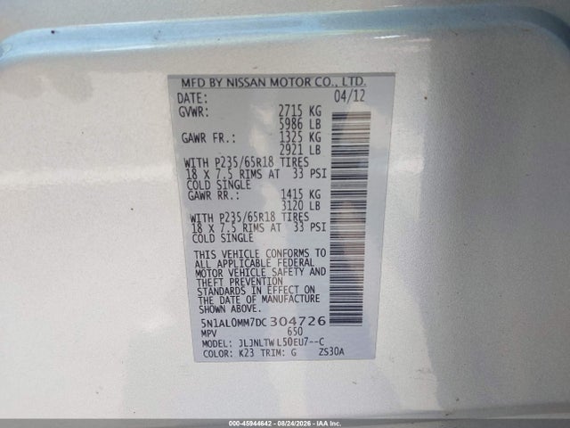 Продажа на аукционе авто 2013 Infiniti Jx35, vin: 5N1AL0MM7DC304726, номер лота: 45944642