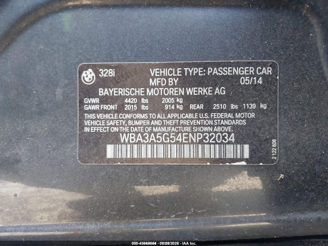 Продажа на аукционе авто 2014 Bmw 328i, vin: WBA3A5G54ENP32034, номер лота: 45944644