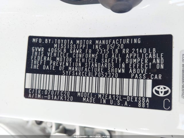 2020 Toyota Corolla Se მანქანა იყიდება აუქციონზე, vin: 5YFS4RCE8LP052320, აუქციონის ნომერი: 45944661