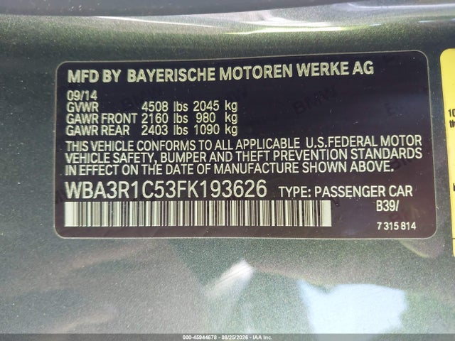 Auction sale of the 2015 Bmw 435i, vin: WBA3R1C53FK193626, lot number: 45944678