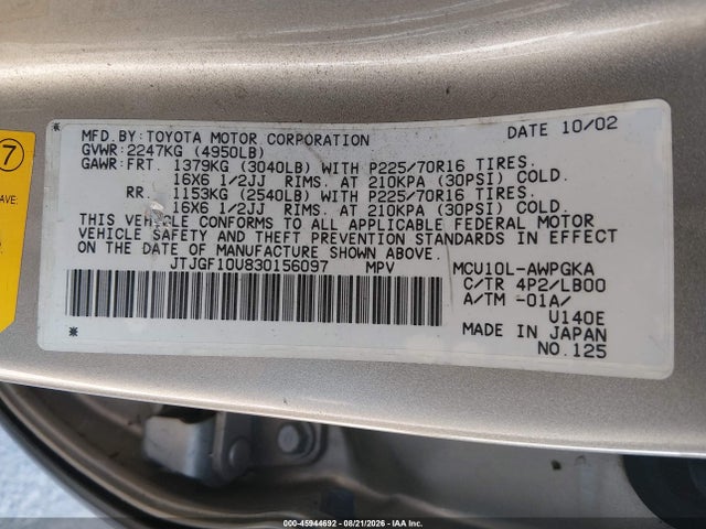 Aukcja sprzedaży 2003 Lexus Rx 300, vin: JTJGF10U830156097, numer aukcji: 45944692