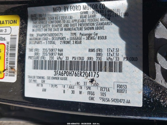 Продажа на аукционе авто 2014 Ford Fusion Se, vin: 3FA6P0H76ER204175, номер лота: 45944703