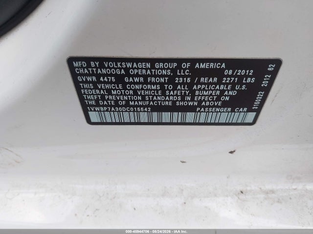 Продаж на аукціоні авто 2013 Volkswagen Passat 2.5l Se, vin: 1VWBP7A30DC015542, номер лоту: 45944706
