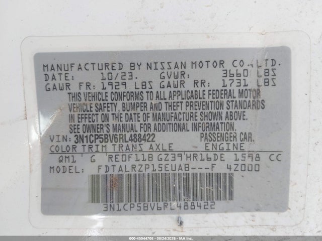 45944708 :رقم المزاد ، 3N1CP5BV6RL488422 vin ، 2024 Nissan Kicks S Xtronic Cvt مزاد بيع