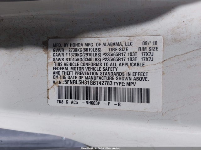 Honda ODYSSEY SE 2016 5FNRL5H31GB142783 Image 9