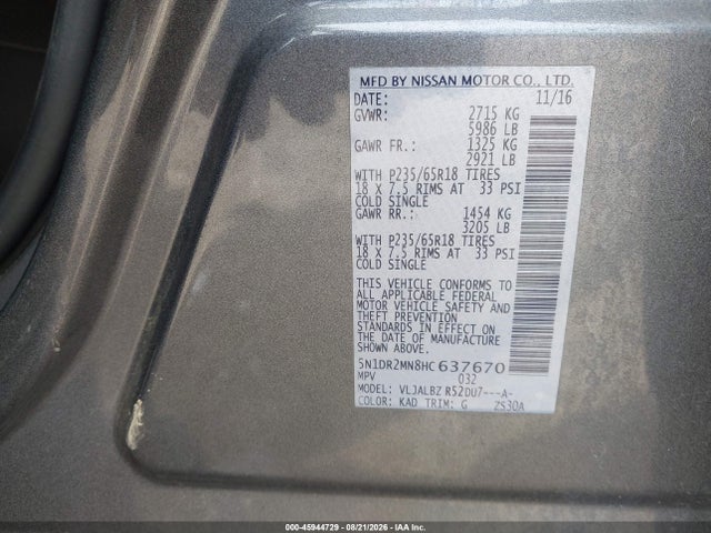 45944729 :رقم المزاد ، 5N1DR2MN8HC637670 vin ، 2017 Nissan Pathfinder S مزاد بيع