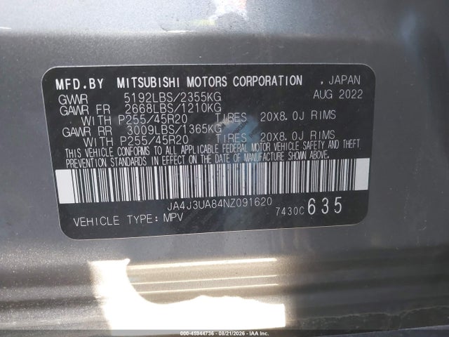2022 Mitsubishi Outlander Black Edition 2wd/se 2.5 2wd/se Launch Edition 2wd მანქანა იყიდება აუქციონზე, vin: JA4J3UA84NZ091620, აუქციონის ნომერი: 45944736