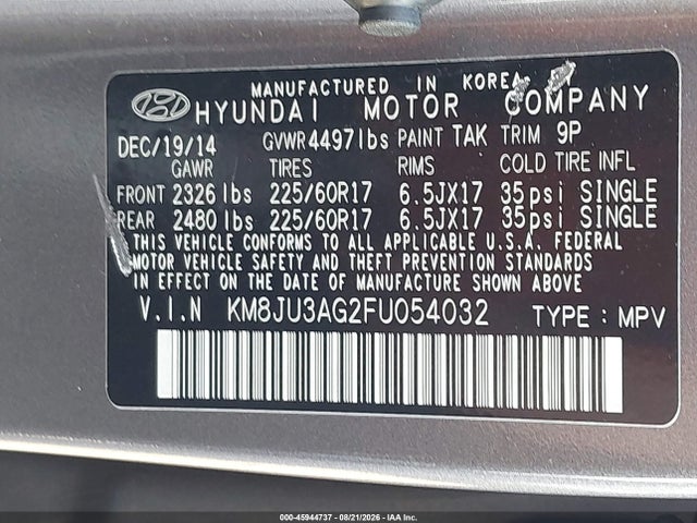 Hyundai TUCSON SE 2015 KM8JU3AG2FU054032 Image 9
