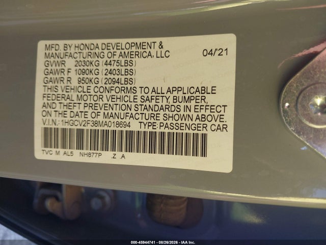 Продажа на аукционе авто 2021 Honda Accord Sport 2.0t, vin: 1HGCV2F38MA018694, номер лота: 45944741