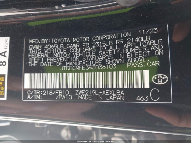 Продаж на аукціоні авто 2024 Toyota Corolla Hybrid Le, vin: JTDBCMFE3R3038103, номер лоту: 45944746
