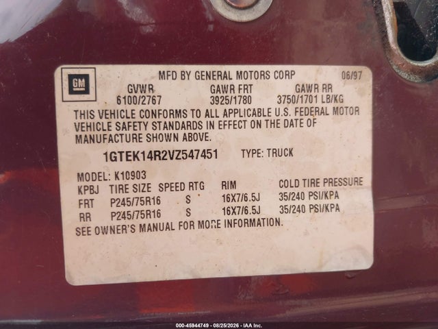 1997 Gmc Sierra 1500 Sl Wideside მანქანა იყიდება აუქციონზე, vin: 1GTEK14R2VZ547451, აუქციონის ნომერი: 45944749