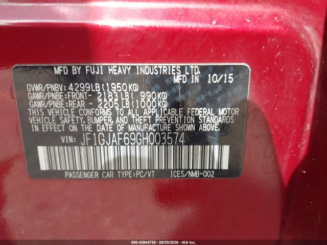 45944755 :رقم المزاد ، JF1GJAF69GH003574 vin ، 2016 Subaru Impreza 2.0i Premium مزاد بيع