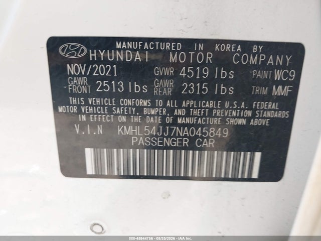 Aukcja sprzedaży 2022 Hyundai Sonata Hybrid Limited, vin: KMHL54JJ7NA045849, numer aukcji: 45944756