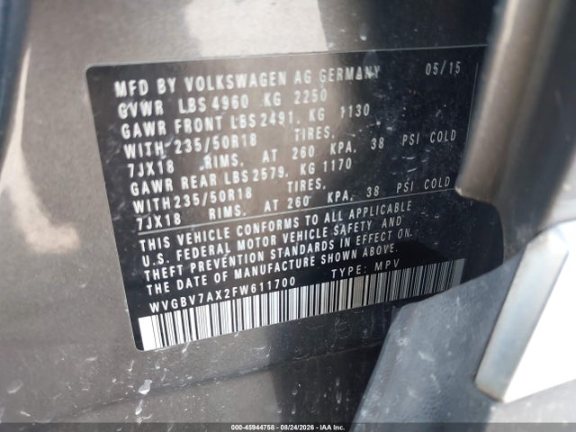 Aukcja sprzedaży 2015 Volkswagen Tiguan Se, vin: WVGBV7AX2FW611700, numer aukcji: 45944758