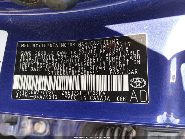 Продаж на аукціоні авто 2015 Toyota Corolla S Plus, vin: 2T1BURHE8FC468591, номер лоту: 45944760