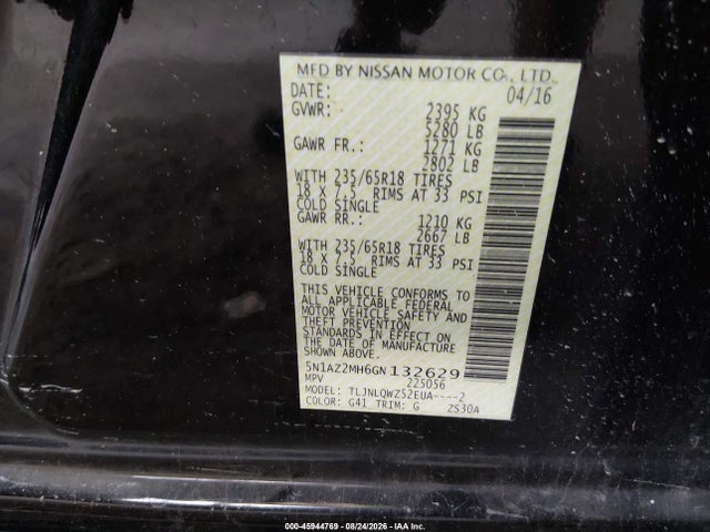 45944769 :رقم المزاد ، 5N1AZ2MH6GN132629 vin ، 2016 Nissan Murano مزاد بيع