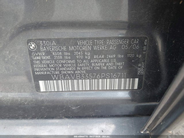 Продажа на аукционе авто 2006 Bmw 330i, vin: WBAVB33576PS16711, номер лота: 45944770