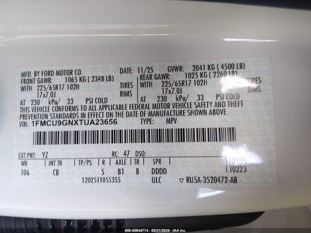 2026 Ford Escape Active მანქანა იყიდება აუქციონზე, vin: 1FMCU9GNXTUA23656, აუქციონის ნომერი: 45944774