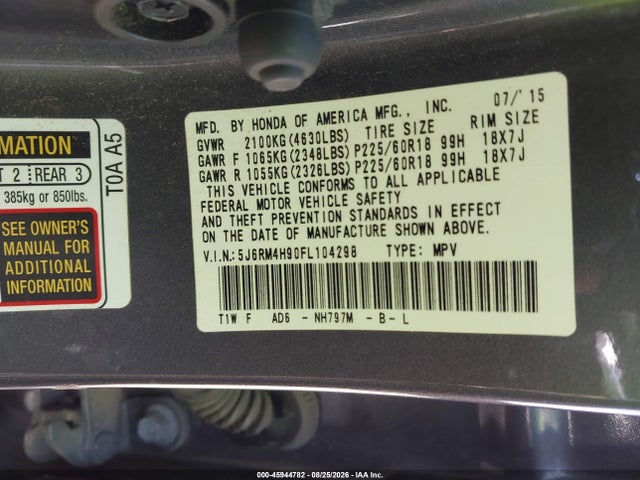 Honda Cr-v Touring 2015 5J6RM4H90FL104298 Image 9