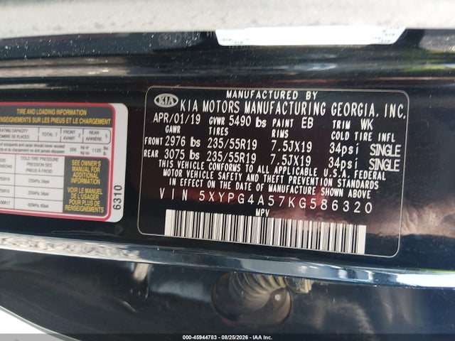 Aukcja sprzedaży 2019 Kia Sorento 3.3l S, vin: 5XYPG4A57KG586320, numer aukcji: 45944783
