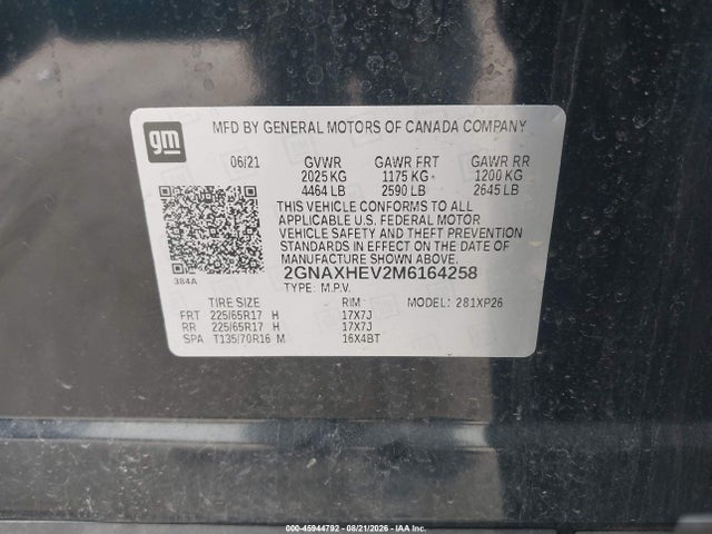 Aukcja sprzedaży 2021 Chevrolet Equinox Fwd Ls, vin: 2GNAXHEV2M6164258, numer aukcji: 45944792