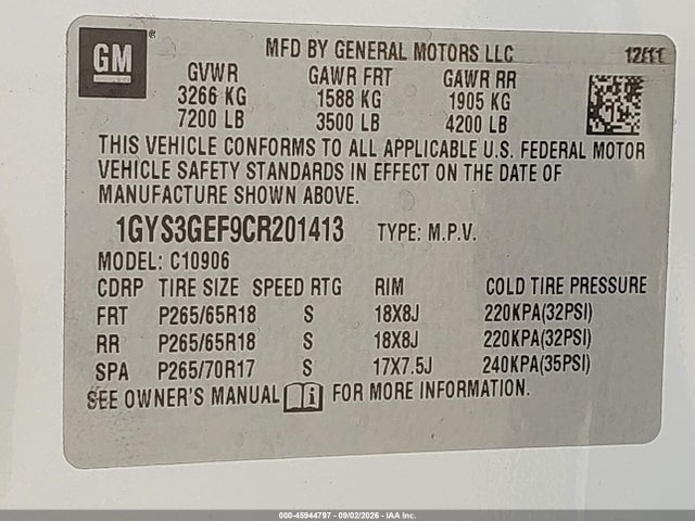 45944797 :رقم المزاد ، 1GYS3GEF9CR201413 vin ، 2012 Cadillac Escalade Esv Standard مزاد بيع