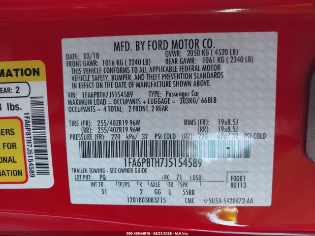 Продажа на аукционе авто 2018 Ford Mustang Ecoboost, vin: 1FA6P8TH7J5154589, номер лота: 45944815