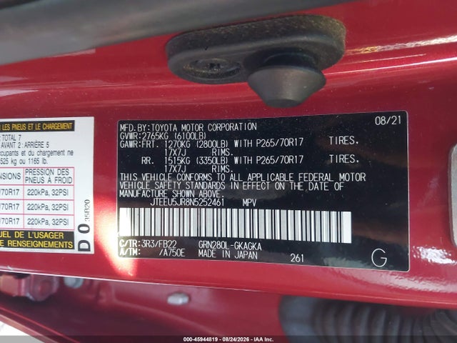 45944819 :رقم المزاد ، JTEEU5JR8N5252461 vin ، 2022 Toyota 4runner Sr5 مزاد بيع