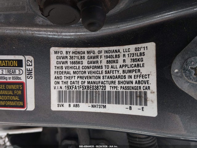 45944820 :رقم المزاد ، 19XFA1F5XBE038720 vin ، 2011 Honda Civic Lx مزاد بيع