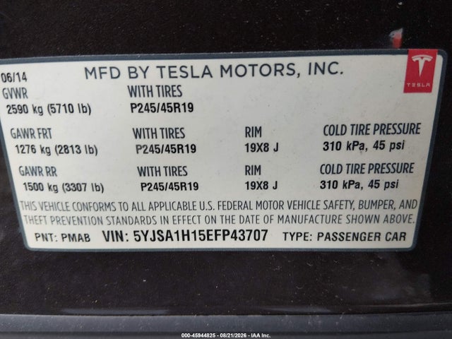 Продаж на аукціоні авто 2014 Tesla Model S P85, vin: 5YJSA1H15EFP43707, номер лоту: 45944825