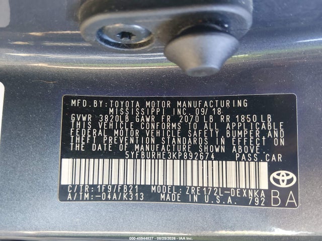 Продажа на аукционе авто 2019 Toyota Corolla Le, vin: 5YFBURHE3KP892674, номер лота: 45944827
