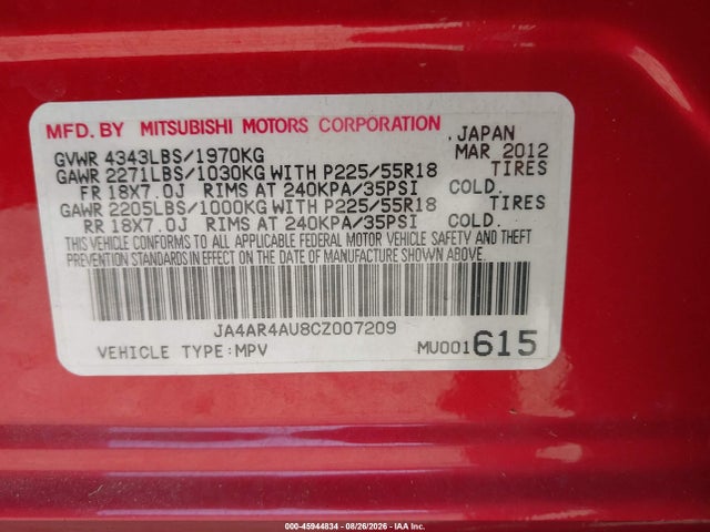 Aukcja sprzedaży 2012 Mitsubishi Outlander Sport Se, vin: JA4AR4AU8CZ007209, numer aukcji: 45944834