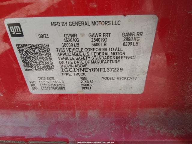 45944840 :رقم المزاد ، 1GC1YNEY6NF137229 vin ، 2022 Chevrolet Silverado 2500hd 4wd  Standard Bed Lt مزاد بيع