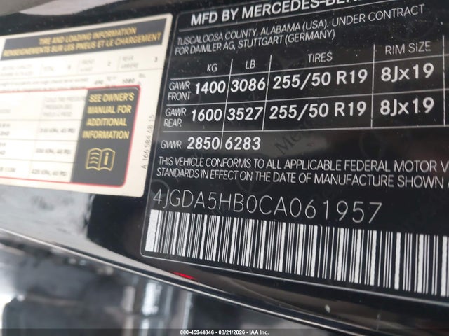 45944846 :رقم المزاد ، 4JGDA5HB0CA061957 vin ، 2012 Mercedes-benz Ml 350 4matic مزاد بيع