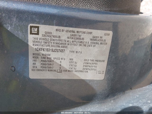 45944853 :رقم المزاد ، 1GKFK16318J207437 vin ، 2008 Gmc Yukon Xl 1500 Slt مزاد بيع