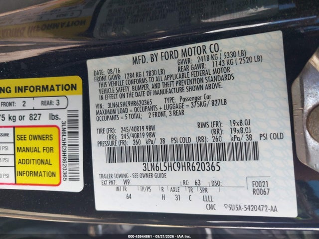 Продажа на аукционе авто 2017 Lincoln Mkz Black Label, vin: 3LN6L5HC9HR620365, номер лота: 45944861