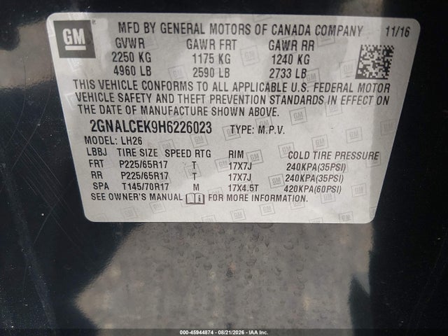 Продажа на аукционе авто 2017 Chevrolet Equinox Lt, vin: 2GNALCEK9H6226023, номер лота: 45944874