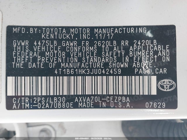 Aukcja sprzedaży 2018 Toyota Camry Xse, vin: 4T1B61HK3JU042459, numer aukcji: 45944881