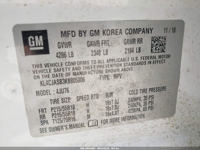 45944883 :رقم المزاد ، KL4CJASB3KB805006 vin ، 2019 Buick Encore Fwd Preferred مزاد بيع