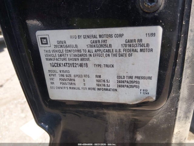 Продаж на аукціоні авто 2000 Chevrolet Silverado 1500 Ls, vin: 1GCEK14T3YE214618, номер лоту: 45944886
