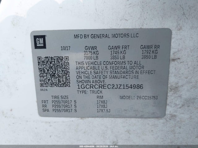 Aukcja sprzedaży 2018 Chevrolet Silverado 1500 1lt, vin: 1GCRCREC2JZ154986, numer aukcji: 45944896